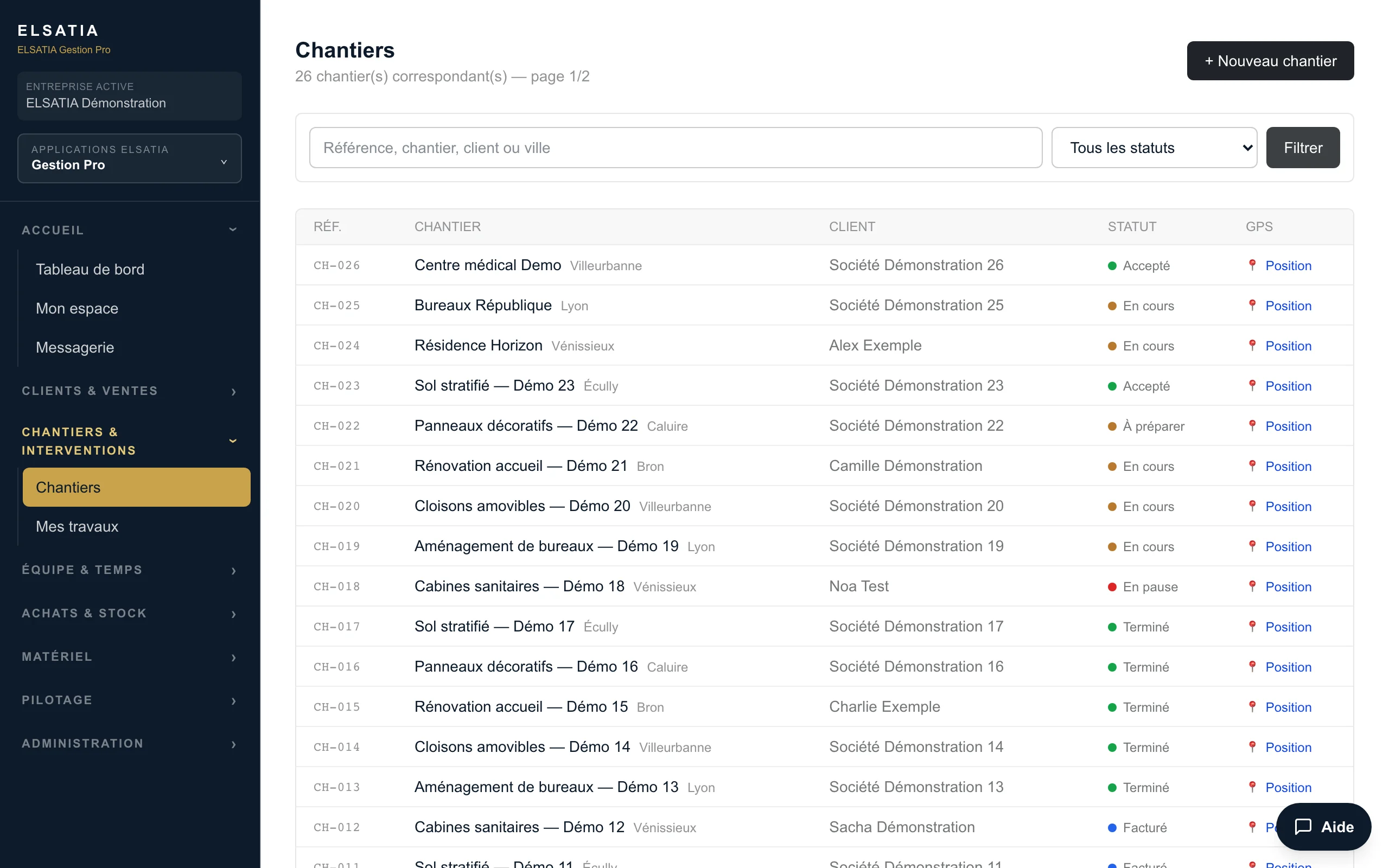 ELSATIA Gestion Pro — liste des chantiers