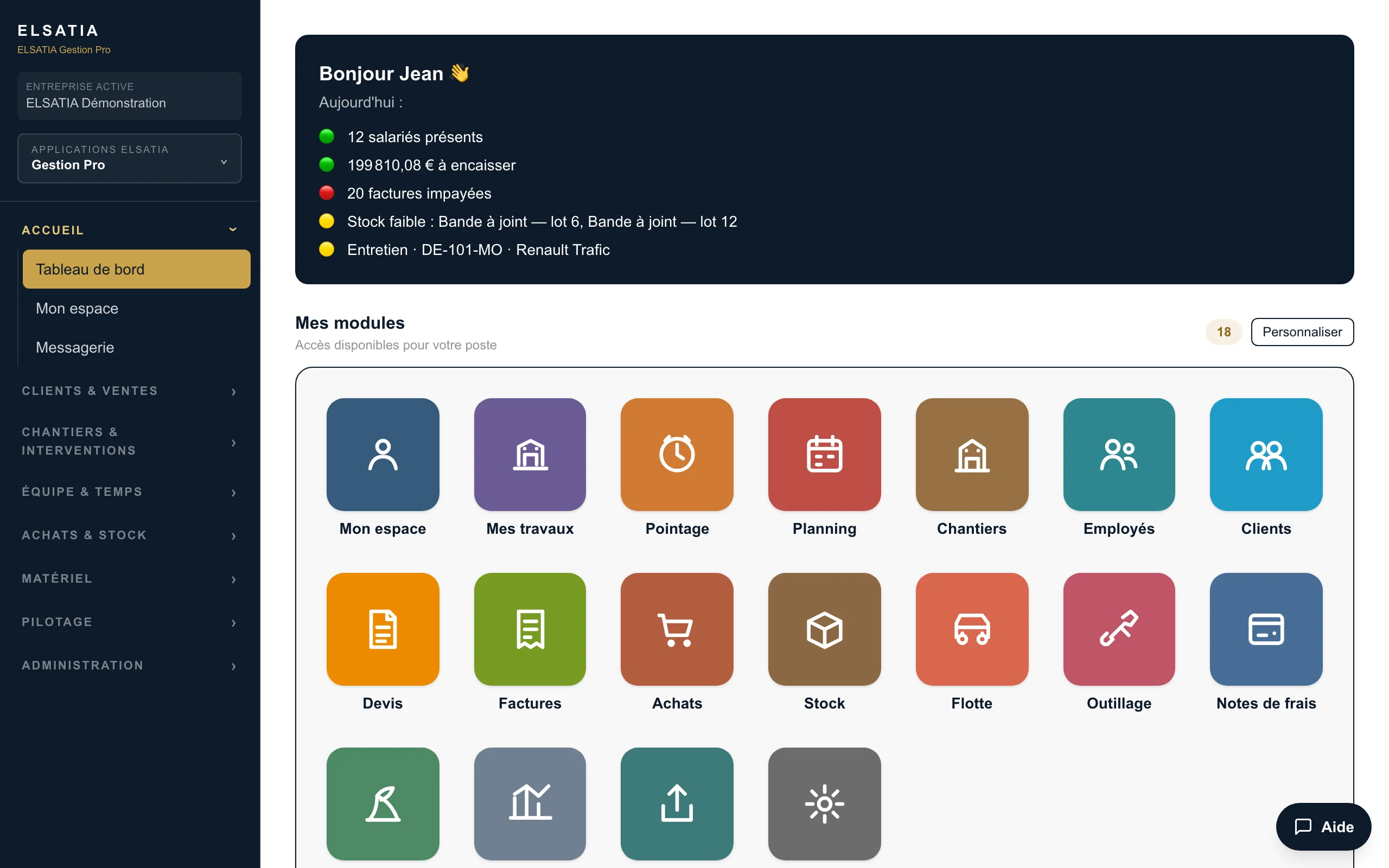 ELSATIA Gestion Pro — tableau de bord de l’entreprise