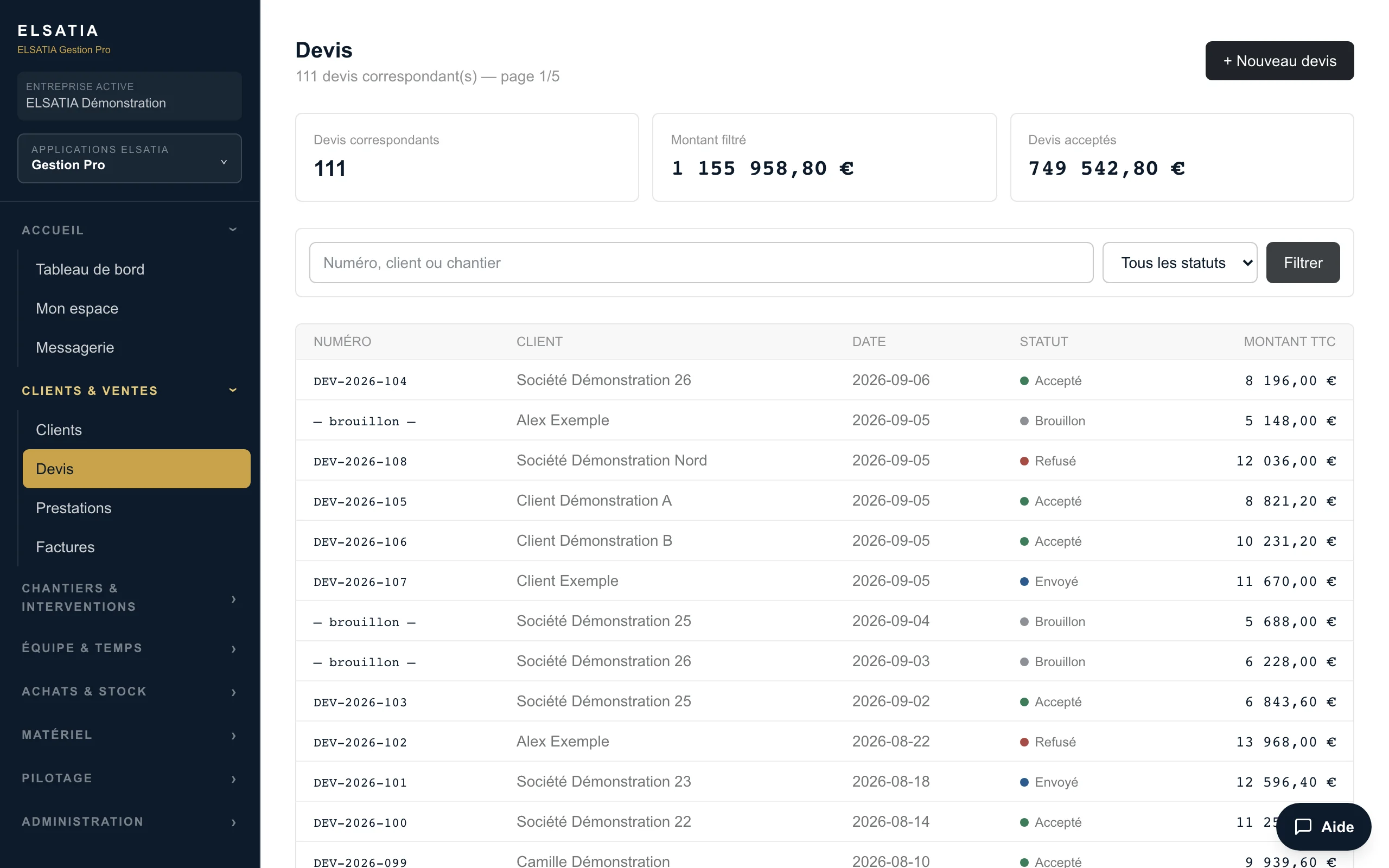 ELSATIA Gestion Pro — édition d’un devis