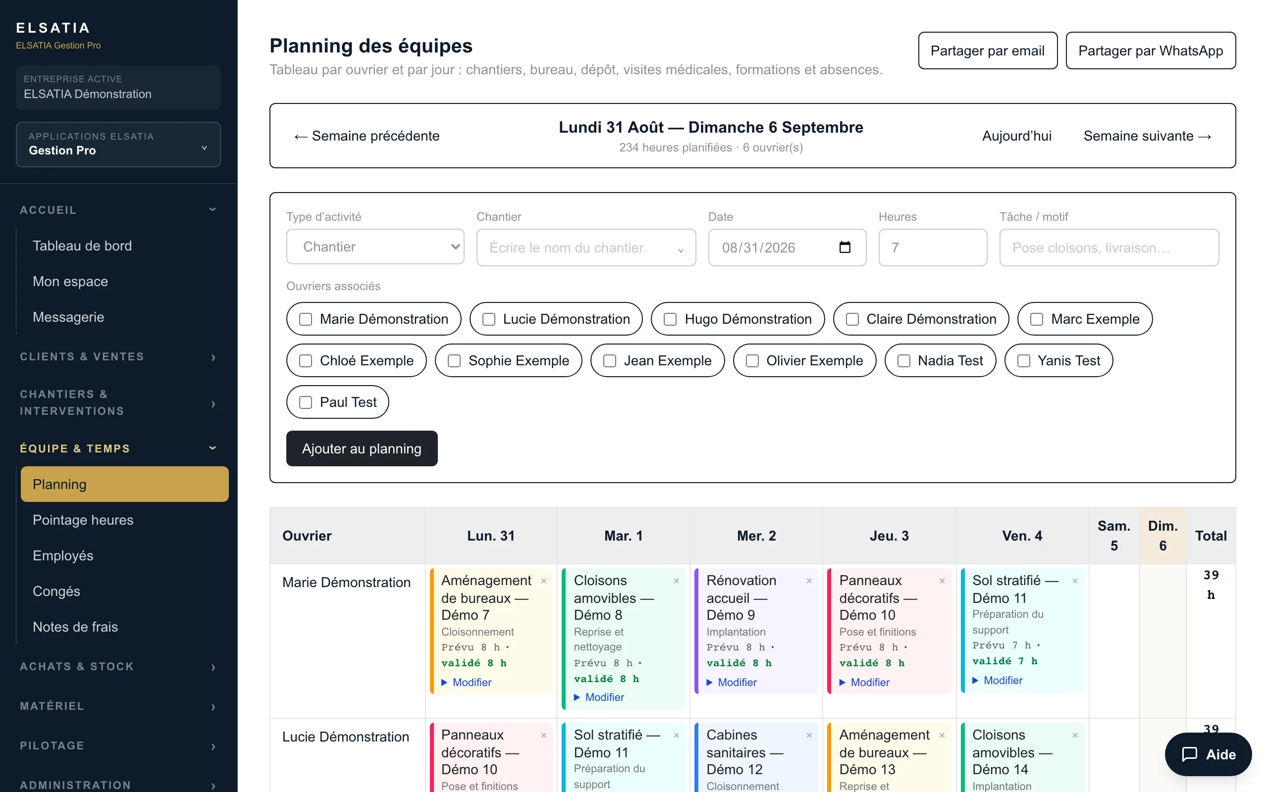 ELSATIA Gestion Pro — planning des équipes