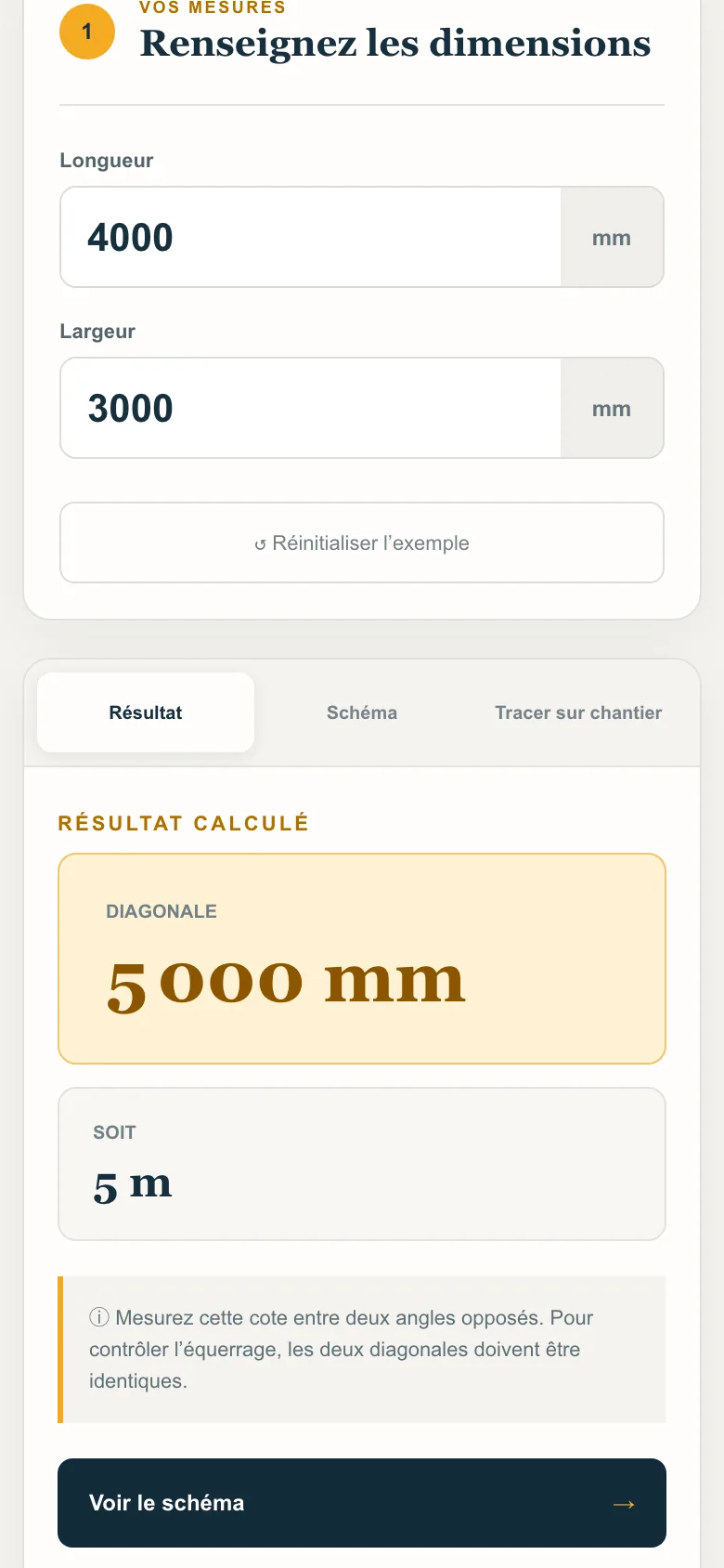 ELSATIA Tools sur téléphone — résultat d’un calcul de chantier
